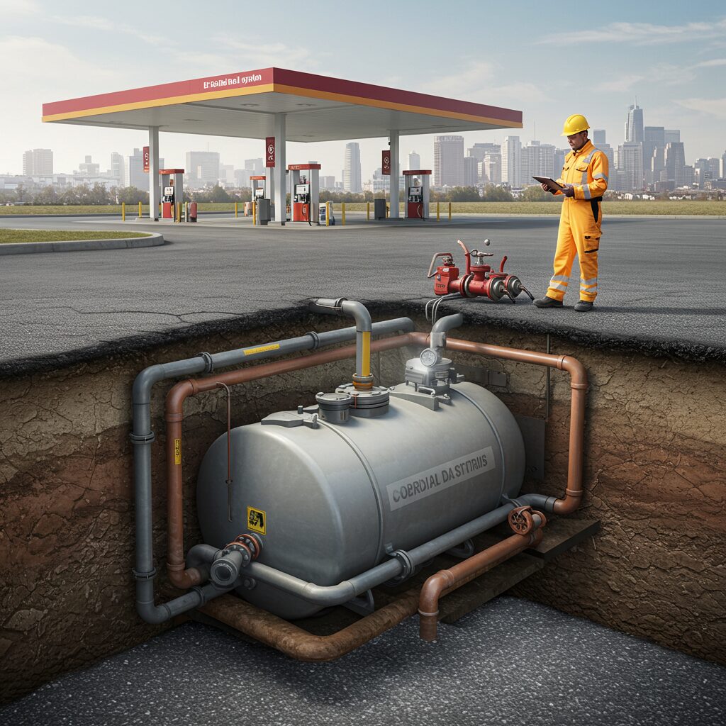 underground fuel storage tank system at a gas station, showing a cross-sectional view of the tank, pipes-underground-fuel-tank-system-inspection